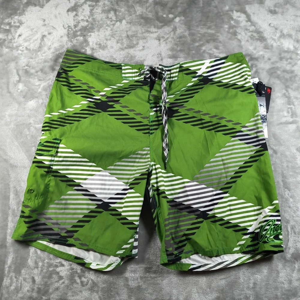 Oneill Board Shorts Mens 42 Green Embroidered‎ Plaid Y2K Swim Trunks Surf New